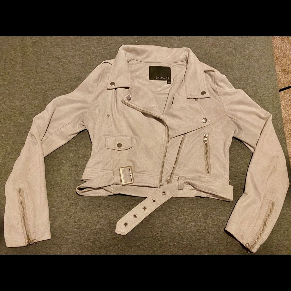 Light blue/grey blazer with belt and zippers